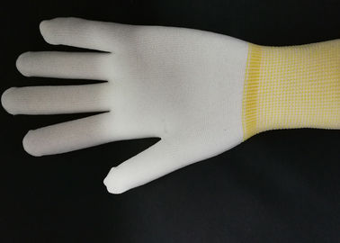 Yellow PU Coated Gloves Hot Melt Binding Edge With 100% Nylon Knitted Liner